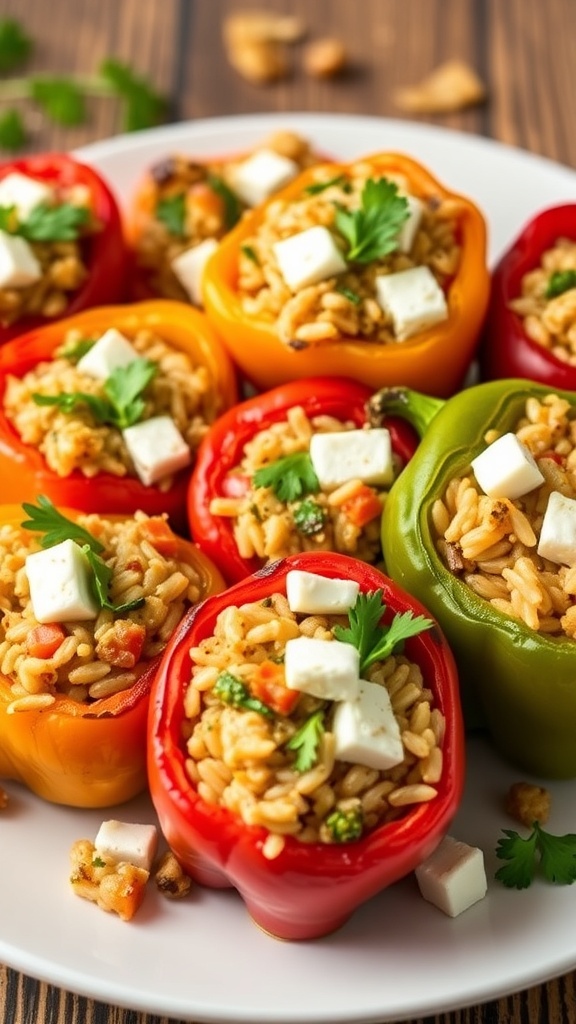 Baked feta stuffed bell peppers filled with rice and herbs, garnished with parsley on a rustic table.